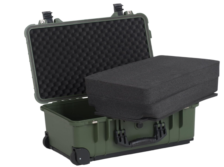 All Weather Rolling Waterproof Dry Case with Retractable Pull Handle and Wheels Foam Inserte
